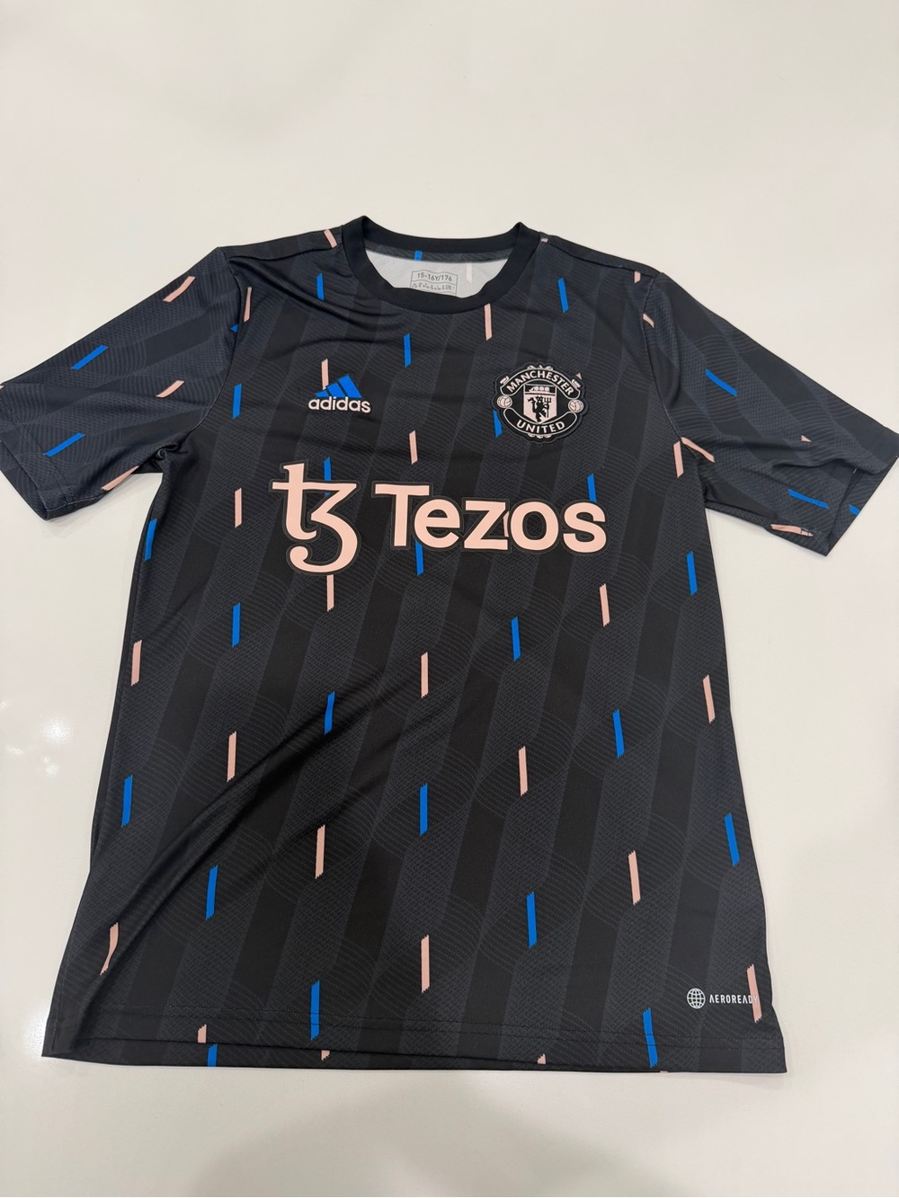 adidas Black Kids Manchester United Jersey with Pink and Blue Details